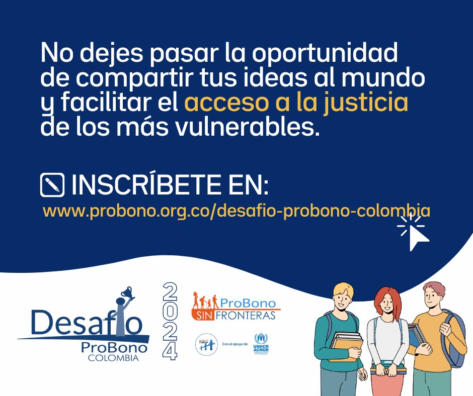 📌¡Participa en el Desafío #ProBono Colombia! Será una oportunidad para aprender, poner en práctica tus habilidades y marcar una diferencia positiva en la sociedad. 💡 Inscripciones del 18 de abril hasta el 31 de mayo de 2024. Conoce más información 📢 tinyurl.com/22vrt6up