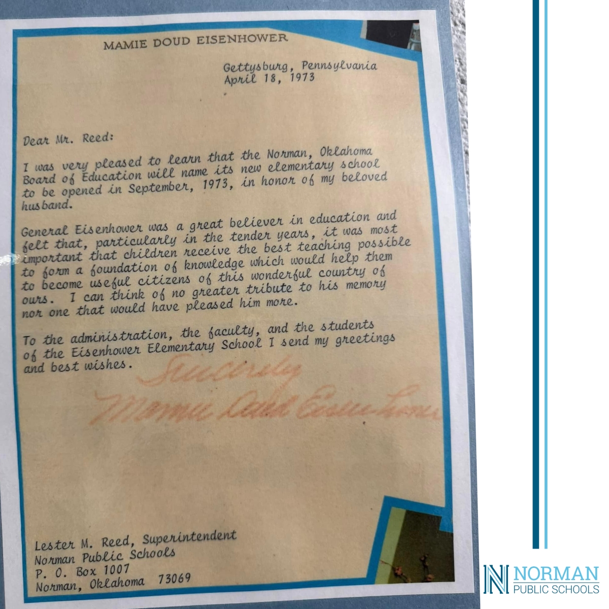 #TBT to 1973 when new NPS elementary school, Eisenhower Elementary, received a letter from Mamie Eisenhower! Eisenhower Elem recently celebrated 50 years 🎉. They had this letter from the First Lady on display. Via The Lester Reed Music Project #NPSProud #NPSGoodThings