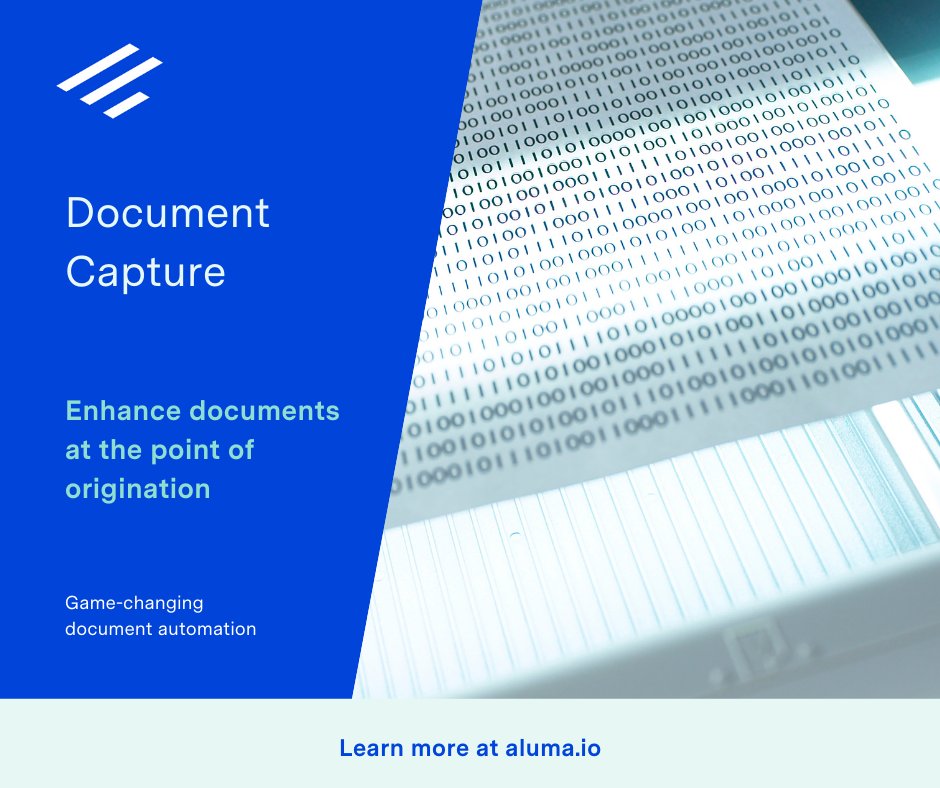 🎥Aluma can be used at the #documentorigination point to enhance the document before it continues its way on its journey to a #businessprocess or storage. #documentintelligence

bit.ly/3dmaO7l

To view the full webinar, register here: bit.ly/3qCwPE8