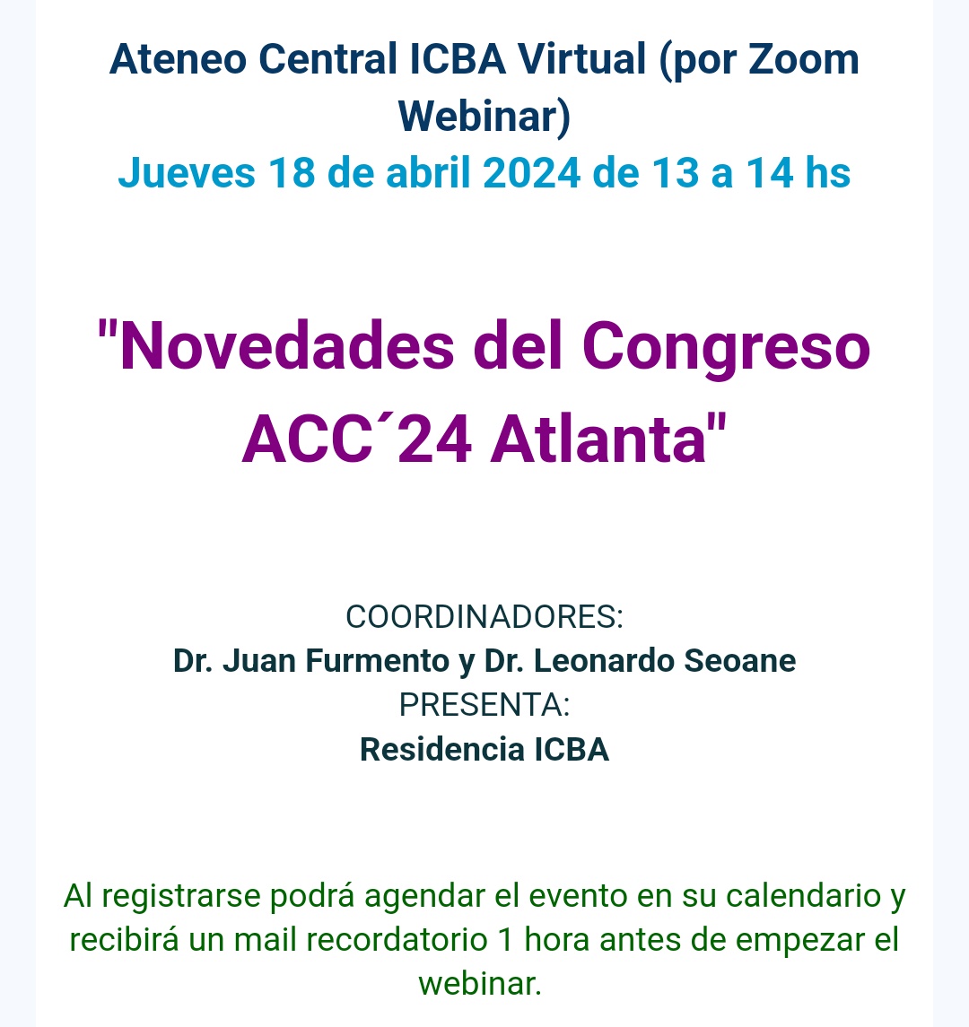 Los invitamos hoy a las 13 hs de Argentina ( GMT -3) en el ateneo central del @ICBAonline para discutir las novedades del @ACCinTouch 2024. Modalidad híbrida: presencial en auditorio del ICBA y virtual. Los esperamos. Link: us02web.zoom.us/webinar/regist…