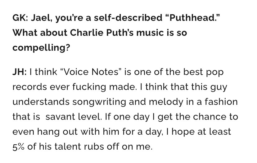 the only conversation with tortured poets about Charlie Puth worth reading today thank you @lethalrejection @post_trash_ 💕 read the full interview here, we talked to giliann in austin for like a full hour post-trash.com/news/2024/4/17…