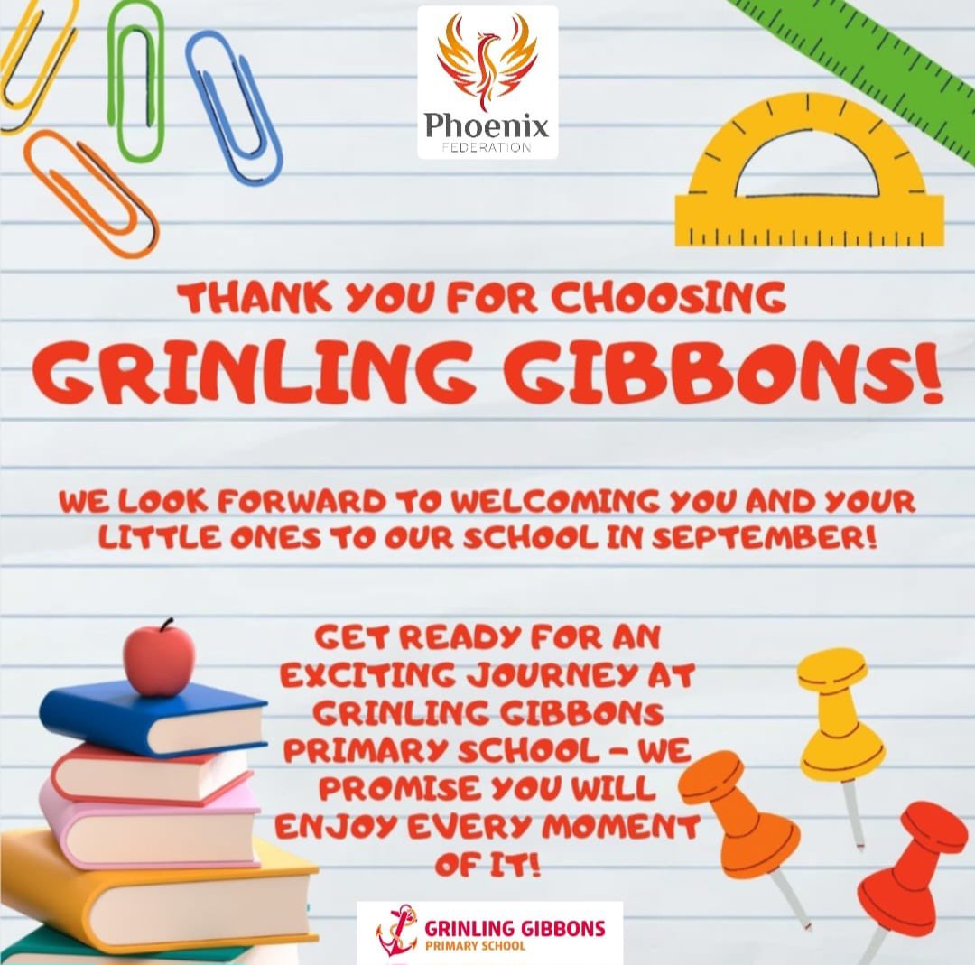 'Exciting day! Families, Sept 2024 Reception places announced. Thrilled you chose Grinling Gibbons School. Ready to welcome you! Get set for an amazing journey - enjoy every moment! #GrinlingGibbons #SchoolPlaces #ExcitingTimes'