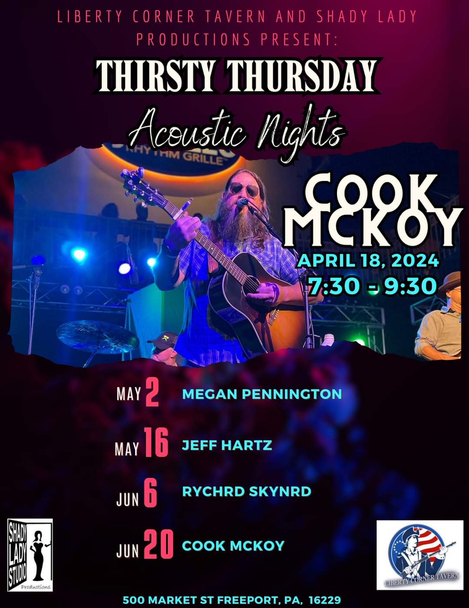 Thirsty Thursday Acoustic Night at Liberty Corner Tavern in Freeport. Great food, drink and music. 7:30p