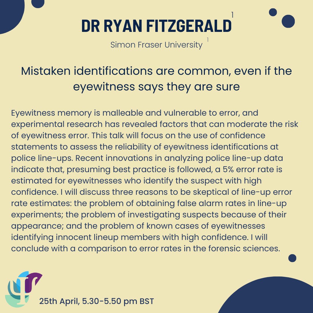 We are happy to announce our next speaker for our online symposium on the 25th of April (4-6pm BST)🔎@ryan_fitz9erald is an Associate Professor at Simon Fraser University with expertise in psychology and law, eyewitness identification, face recognition, memory and meta-analyses.