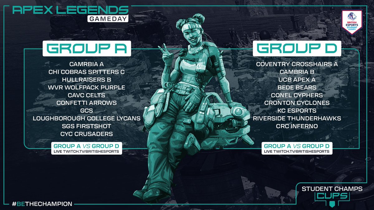 ⚡️APEX IS BACK! The final round of group stages is tonight! Who will make the finals?🤔 ⏰4pm Groups A&D twitch.tv/Britishesports #StudentChamps2024 #BeTheChampion