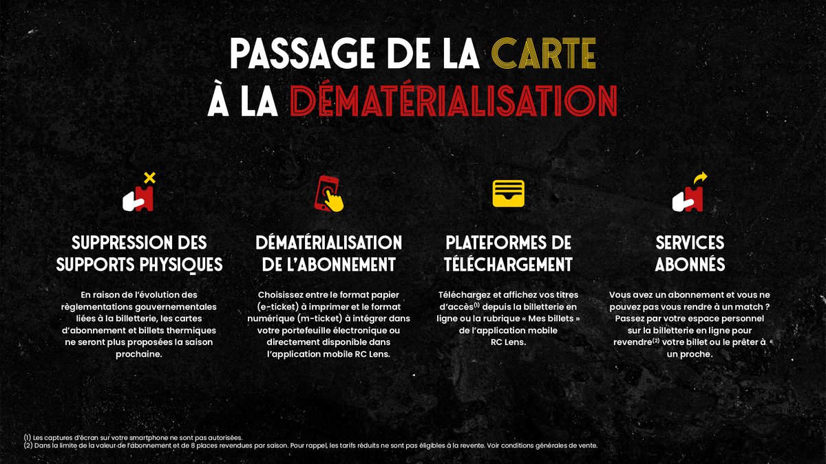Dématérialisation 📲

En raison de l'évolution des règlementations gouvernementales auxquelles le club devra légalement se soumettre, les cartes d’abonnement et billets thermiques ne seront plus proposés ni délivrés dès la saison 2024/25.

#NotreStadeNotreFlamme