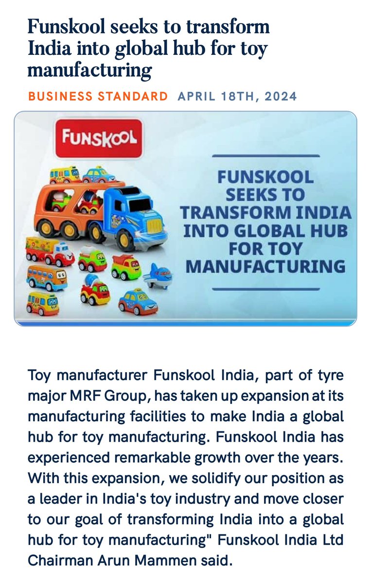 India's Funskool seeks to transform into global hub for toy manufacturing. 
#MRF #stockmarkets #nifty #sensex