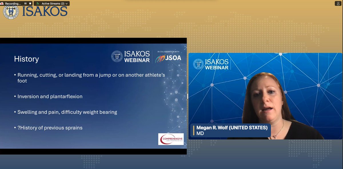 Join us for today's #ISAKOSWebinar with JSOA: Advances in the Athlete’s Foot and Ankle. Happening Now: The Unstable Athlete’s Ankle with Megan Wolf, MD UNITED STATES #WomenofISAKOS isakos.com/Webinars