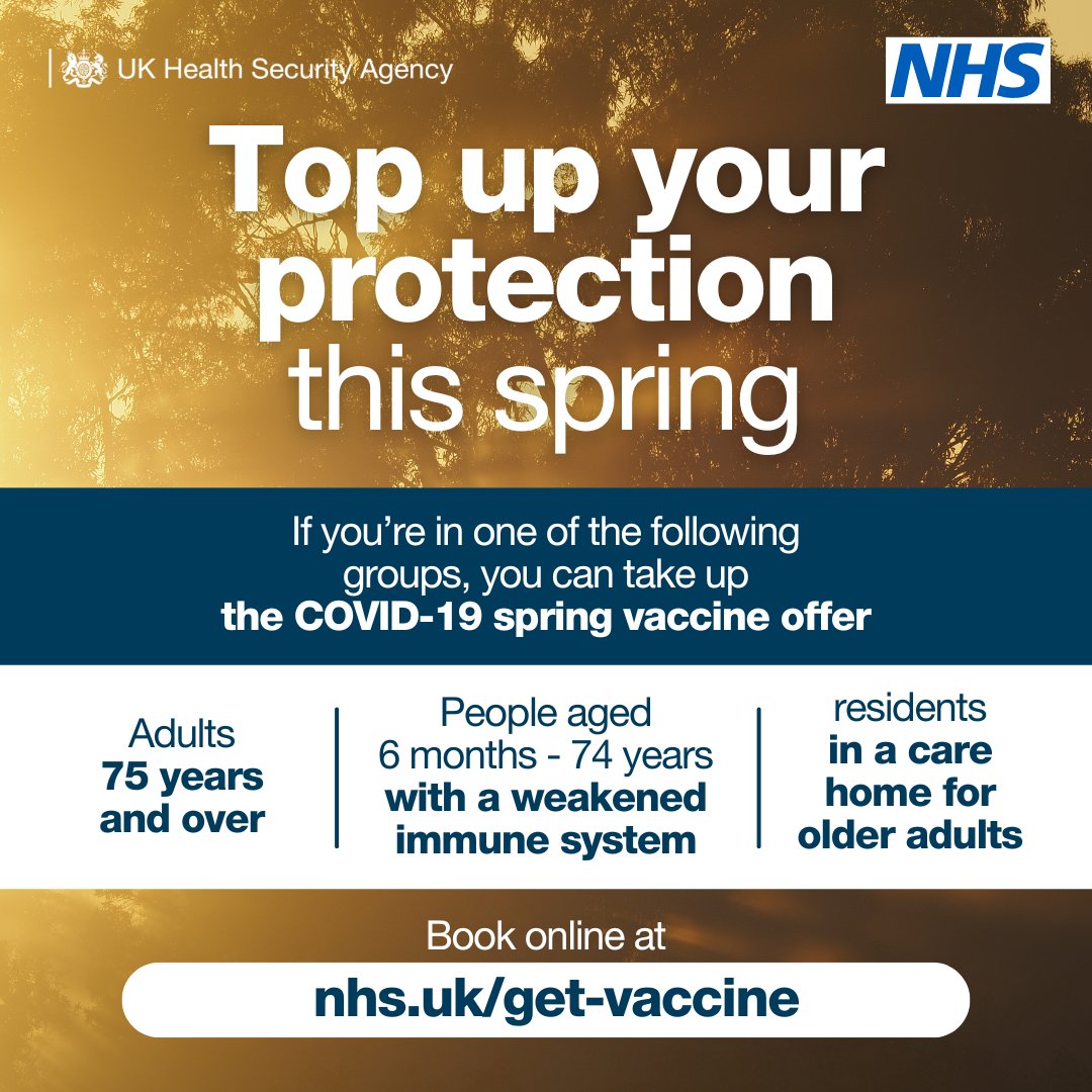 Eligible people can now book their spring #COVID19 vaccine online or via the #NHSapp 📱 Appointments start from MONDAY 22 APRIL 💉 Find out more and book now at: nhs.uk/conditions/cov……
