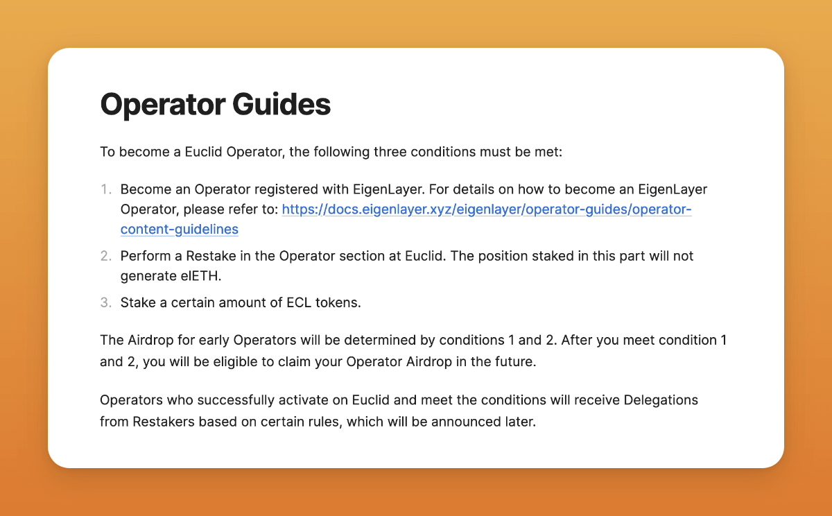 The devs are currently working on the early campaign for operators.💻 The launch of the campaign will mark a significant step in Euclid's mission to build the Tranched Delegation Framework.🔥 Interested in becoming an Euclid operator? Check out our guide: 🔗