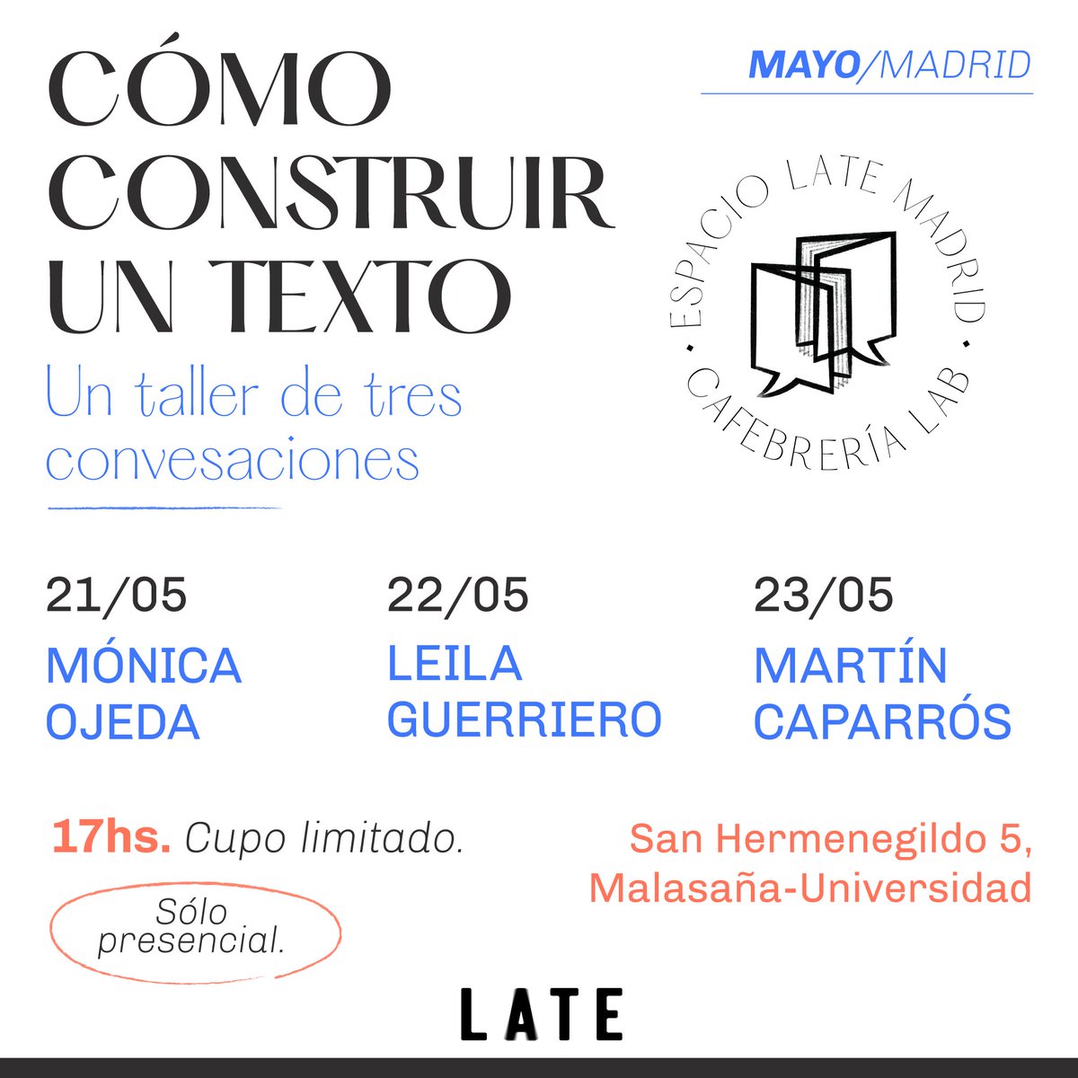 revistalate's tweet photo. @MonaOjedaF + @martin_caparros + Leila Guerriero+🍷

del 21 al 23 de mayo en Madrid. Inscripciones abiertas:
https://t.co/dh7WjiHHfT https://t.co/Q7CngWe9LD