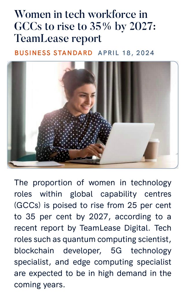 #ModiKiGuarantee
#ViksitBharat2047
#ModiAgain2024
#LokSabhaElection2024
#VoteForBJP
#AbkiBaar400Paar  
Women in tech workforce in GCCs to rise to 35% by 2027: TeamLease report
business-standard.com/industry/news/…