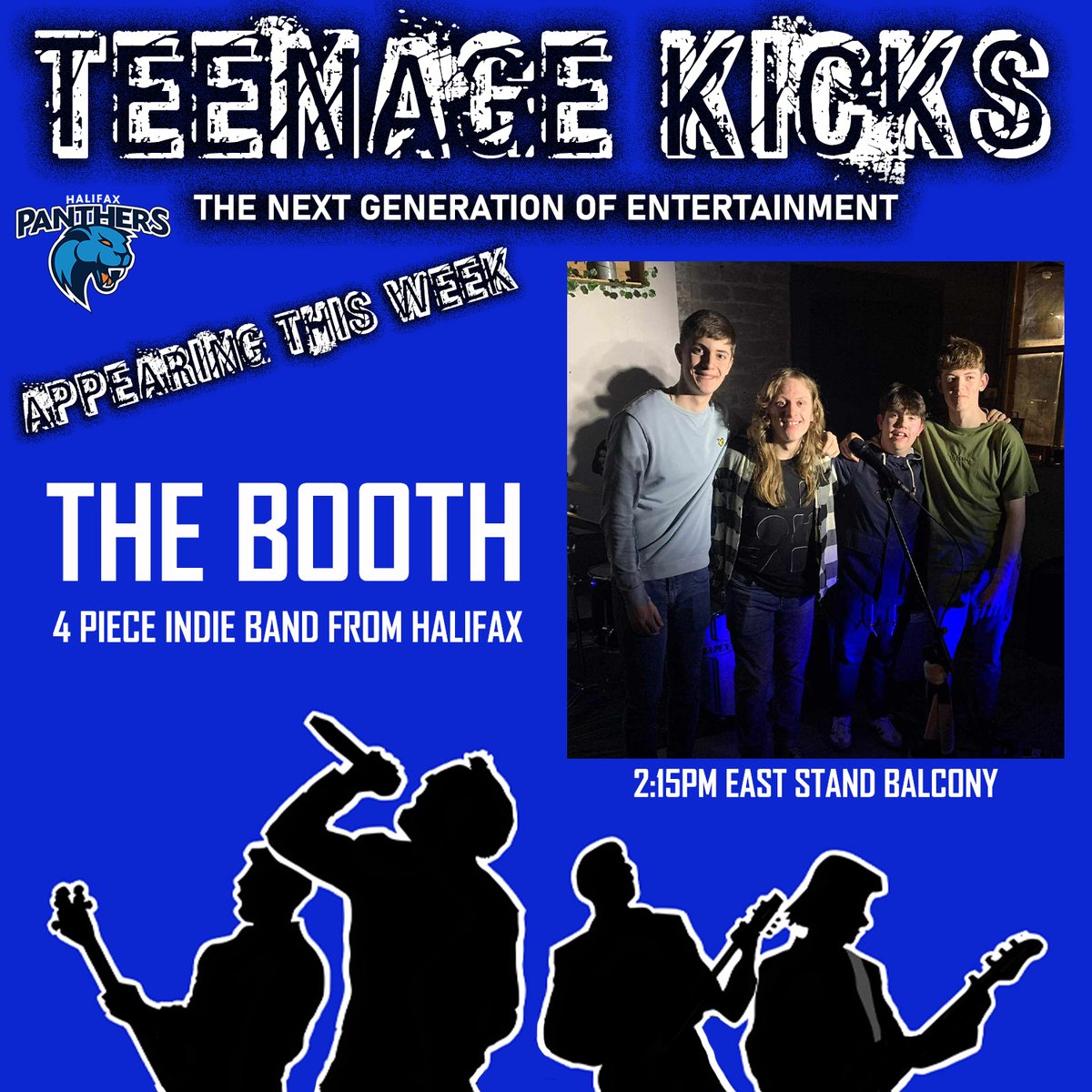 HalifaxPanthers's tweet photo. TEENAGE KICKS 🎸🎤 Introducing the first act of our #TeenageKicks series - our new initiative aimed at giving young homegrown entertainers a stage to hone their skills

THE BOOTH are a 4 piece indie band from Halifax. Catch them live at the @SheffieldEagles game from 2:15pm

#BWO https://t.co/eS7CsXlnSH