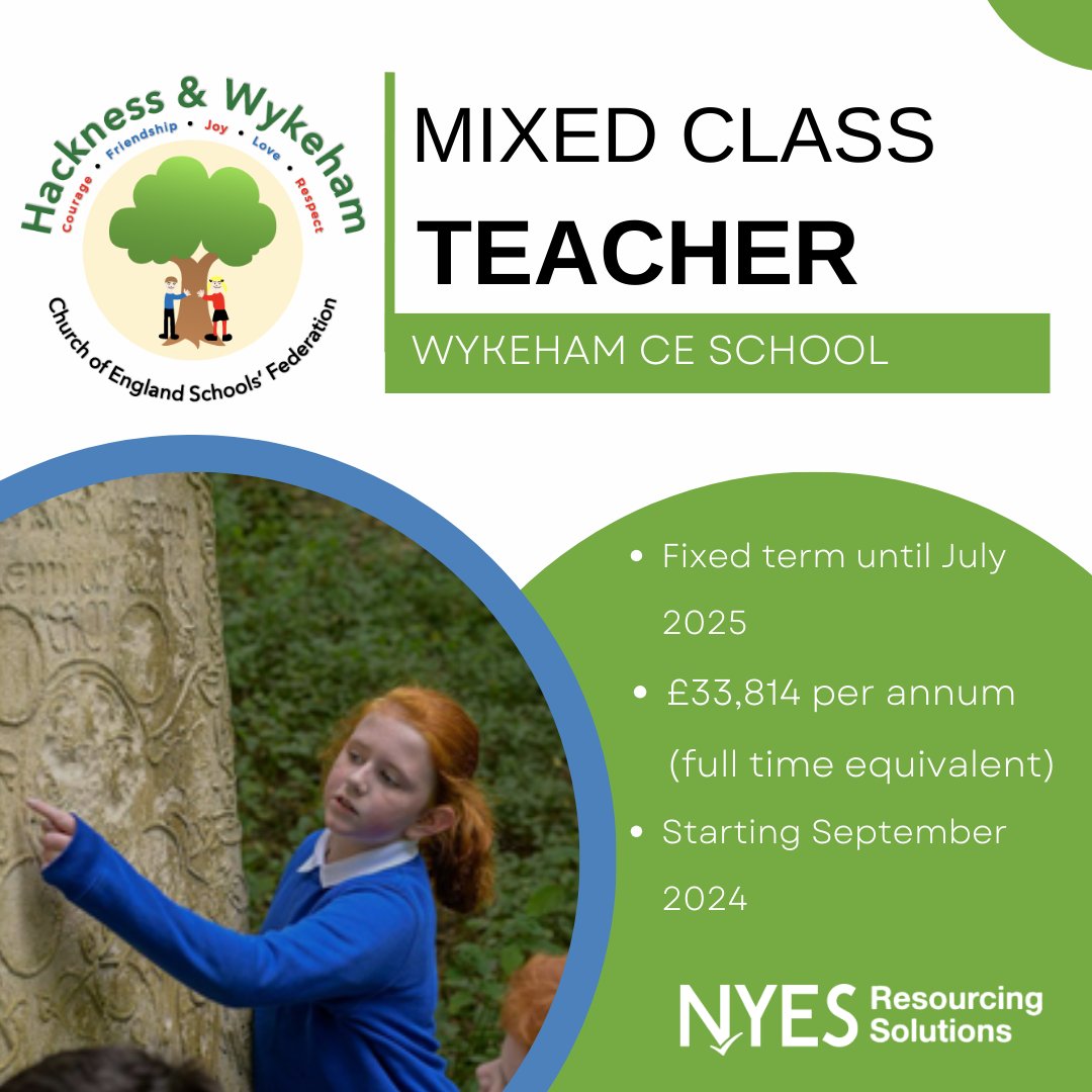 📚 Are you an experienced KS2 Teacher looking to work in a charming, picturesque village school? 📚
Wykeham Church of England School are looking for an experienced teacher to join their team.

🔗rebrand.ly/q5ycp7b

#TeachNorthYorkshire #KS2Teacher #EducationJobs #Scarborough