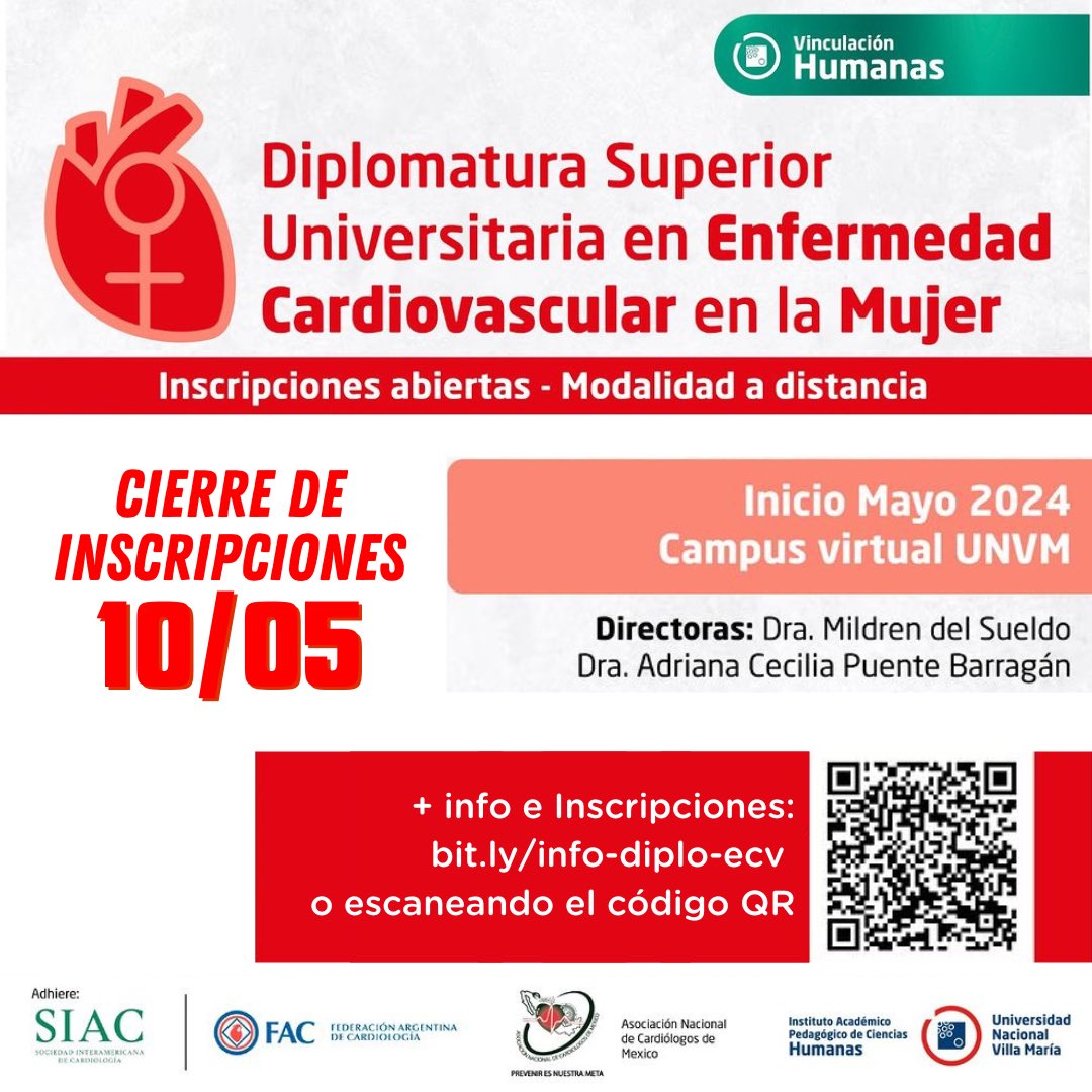 1era. Diplomatura Superior Universitaria en Enfermedad Cardiovascular en la Mujer de Latinoamérica! 👉 Inscripciones en este link docs.google.com/forms/d/e/1FAI… ⛔️Cierre inscripciones 10/5 #unvm #fac #ancam