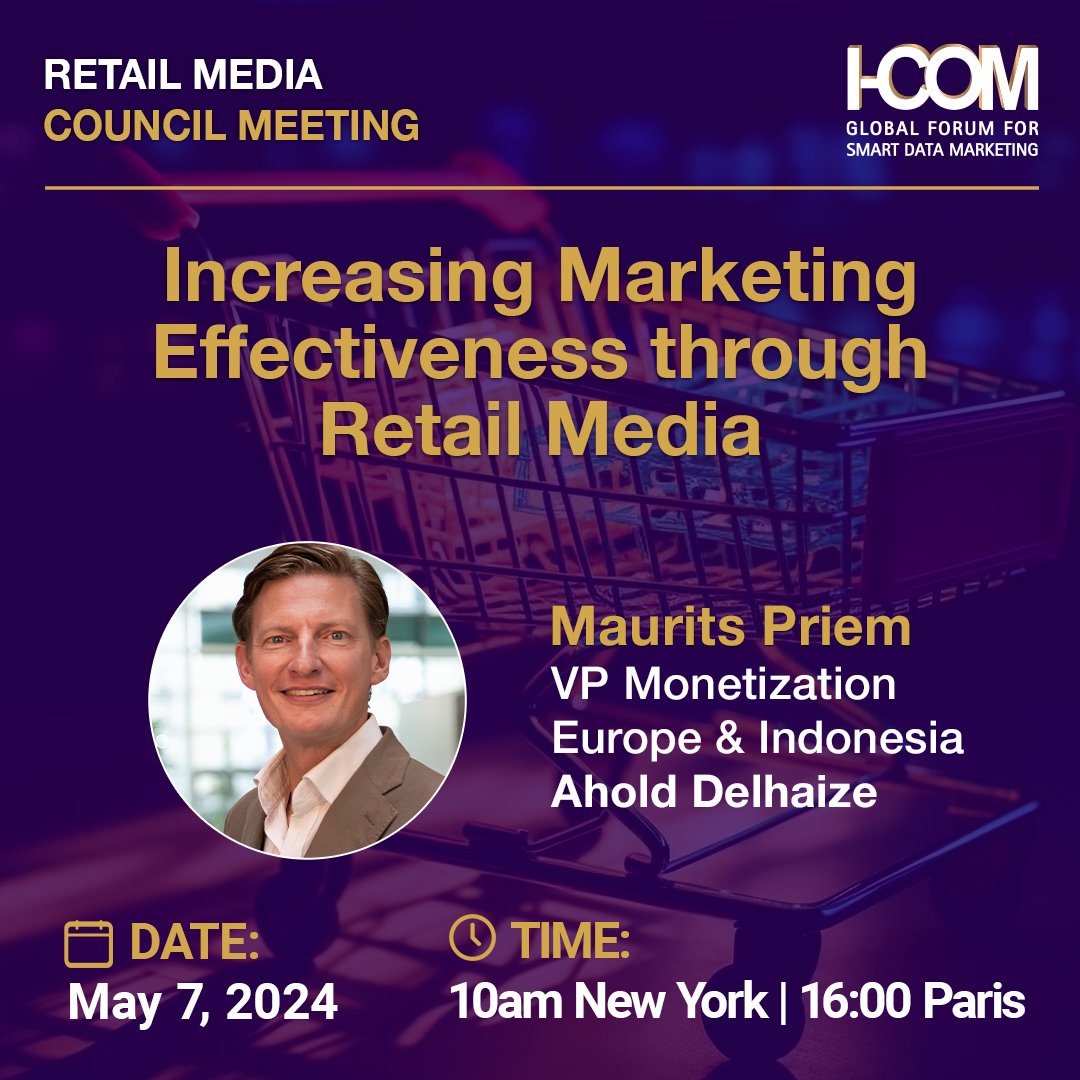 ‌Join us on May 7th as Maurits Priem from @AholdDelhaize shares insights on increasing marketing effectiveness through #RetailMedia at the upcoming #ICOMGlobal Retail Media Council Meeting.
Secure your spot -  i-com.org/working-groups…

#SmartData #Marketing