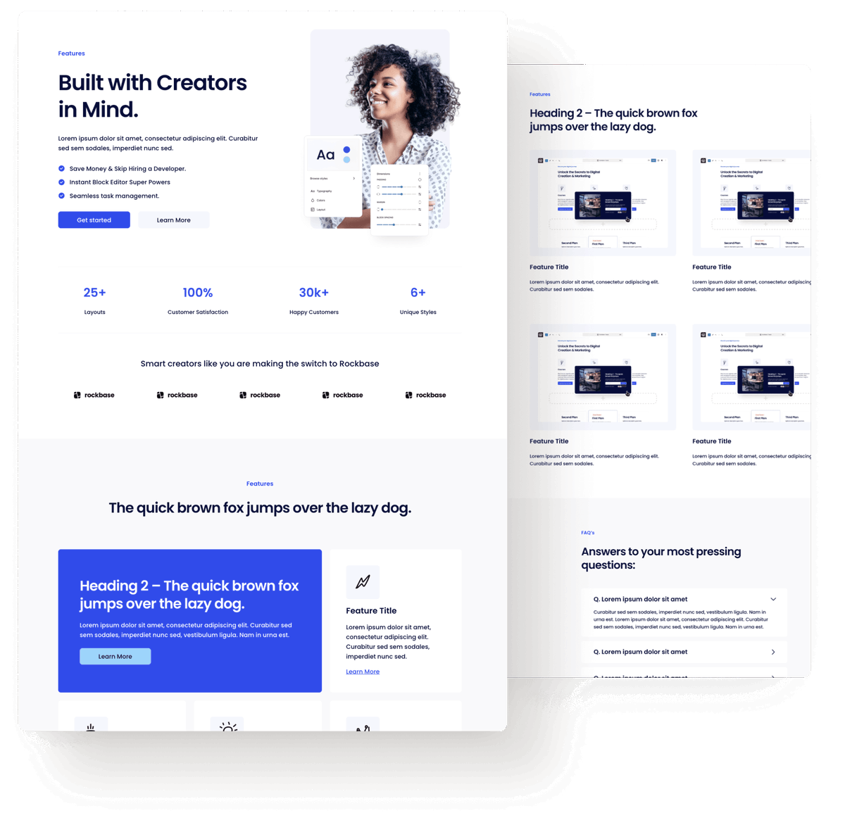 Do you need a sweet looking features page for your WordPress website? Rockbase has got you covered!

Use one of our included Feature Page patterns and get a massive head start on informing your users of your features!