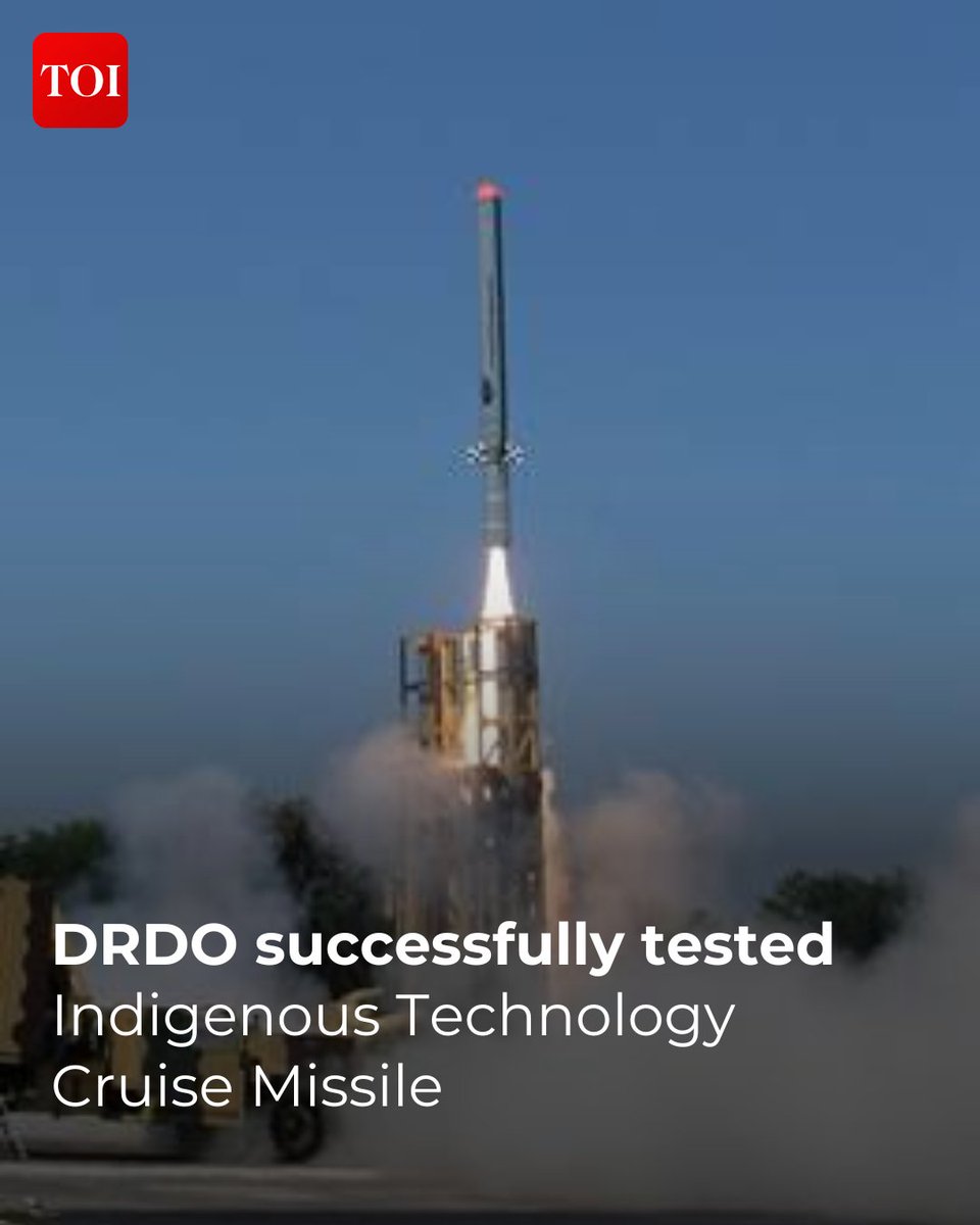 The Defence Research and Development Organisation (#DRDO) has successfully tested the Indigenous Technology Cruise Missile (#ITCM) from the Integrated Test Range (#ITR), Chandipur off the coast of Odisha. Read more here🔗toi.in/cYBEha/a24gk