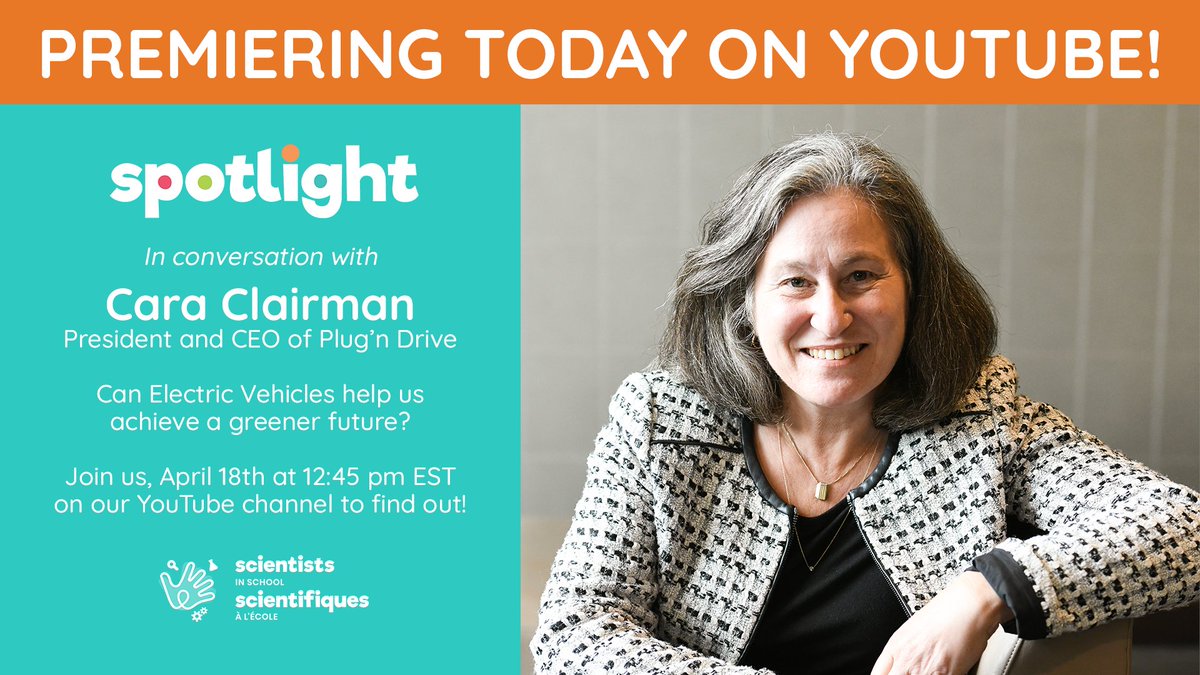 In conversation with Cara Clairman, President and CEO of @PlugN_Drive! Can electric vehicles help us achieve a greener future? Find out today on our YouTube channel for a #SpotlightwithScientistsinSchool premiere at 12:45 pm EST. youtu.be/iSeh6miIjGI