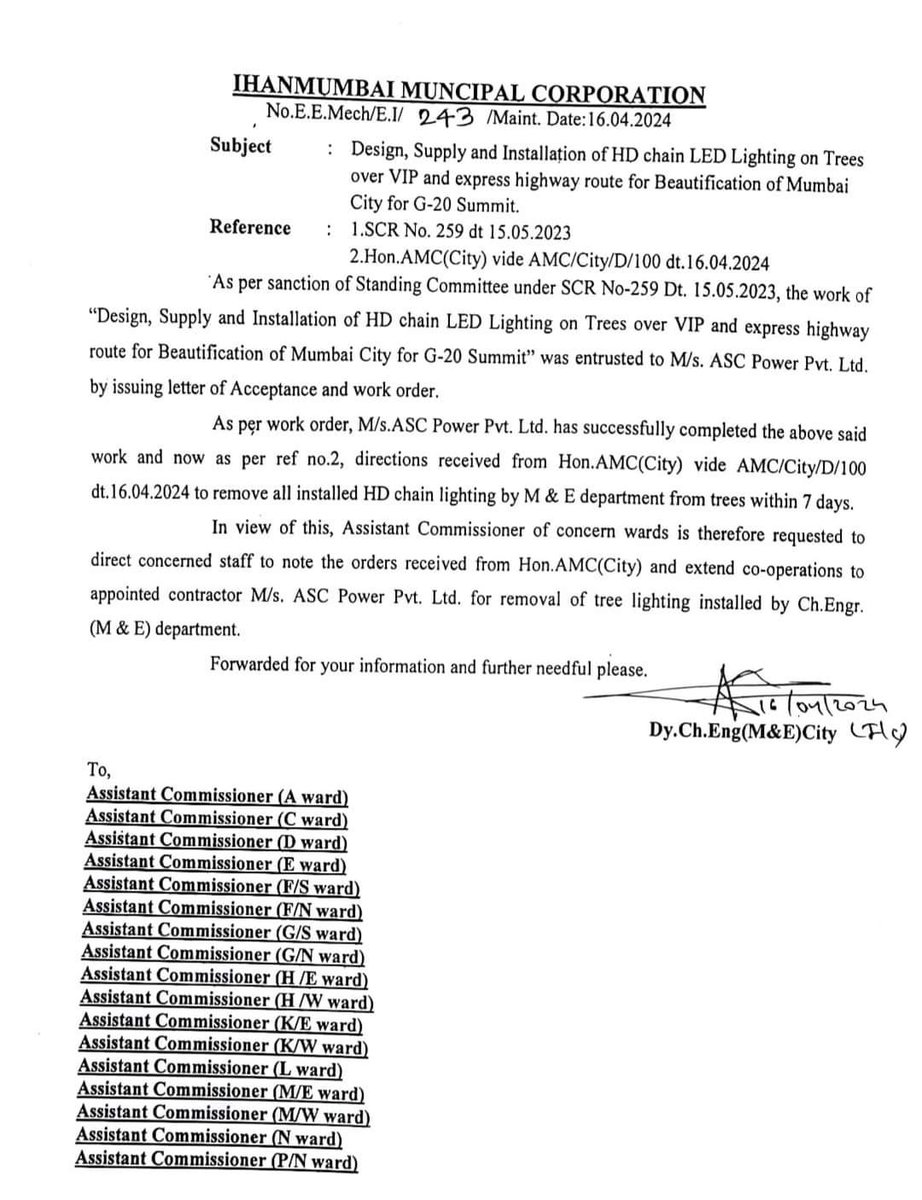 All LED lights on all trees to be removed within 7 days. Thank You My BMC For finally doing the right thing. Hope you will not mind us asking- How much are you'll paying to correct this not-right-thing?