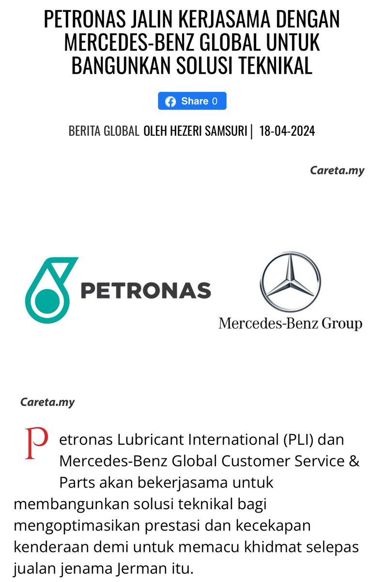 Pada aku, ini berita paling penting hari ni. Syabas Petronas, deal tahap global dengan Mercedes-Benz Group! Bukan mudah, bukan enteng. Dan CEO Petronas Lubricant International yg berpengkalan di Milan, Italy ialah anak watan kita sendiri, Puan Hezlinn Idris. Untuk geng MRSM