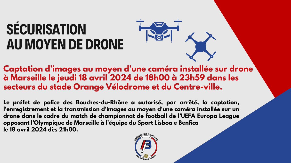 ⚽️#OMSLB @prefpolice13 a pris un arrêté autorisant la captation d'images par drone.