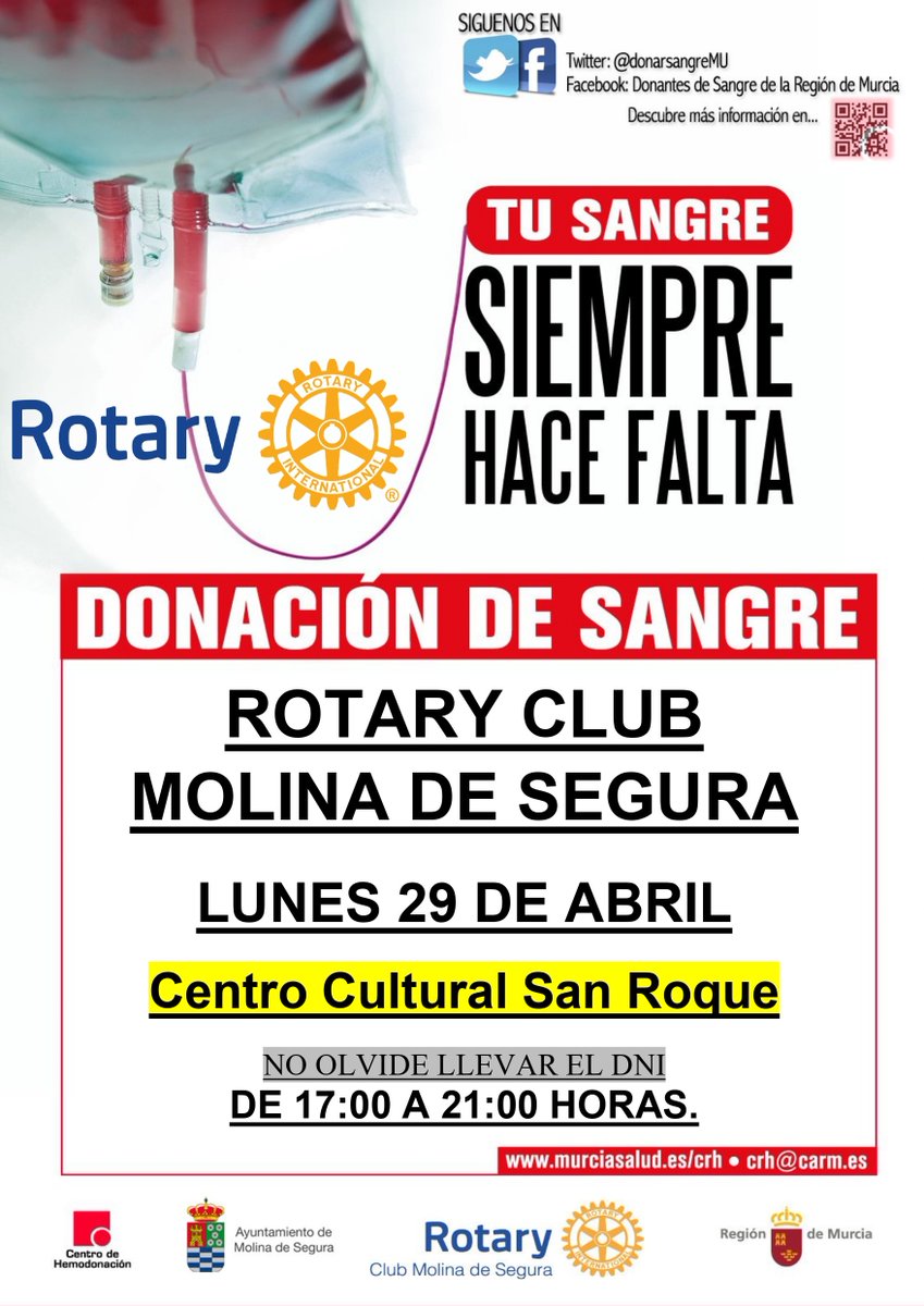 #MilGracias a @RotaryMolinaSeg por contar un año más con nosotros para la campaña de #donaciondesangre 🩸 Les esperamos el próximo lunes 29 en #CentroCulturalSanRoque de #MolinadeSegura 🩷