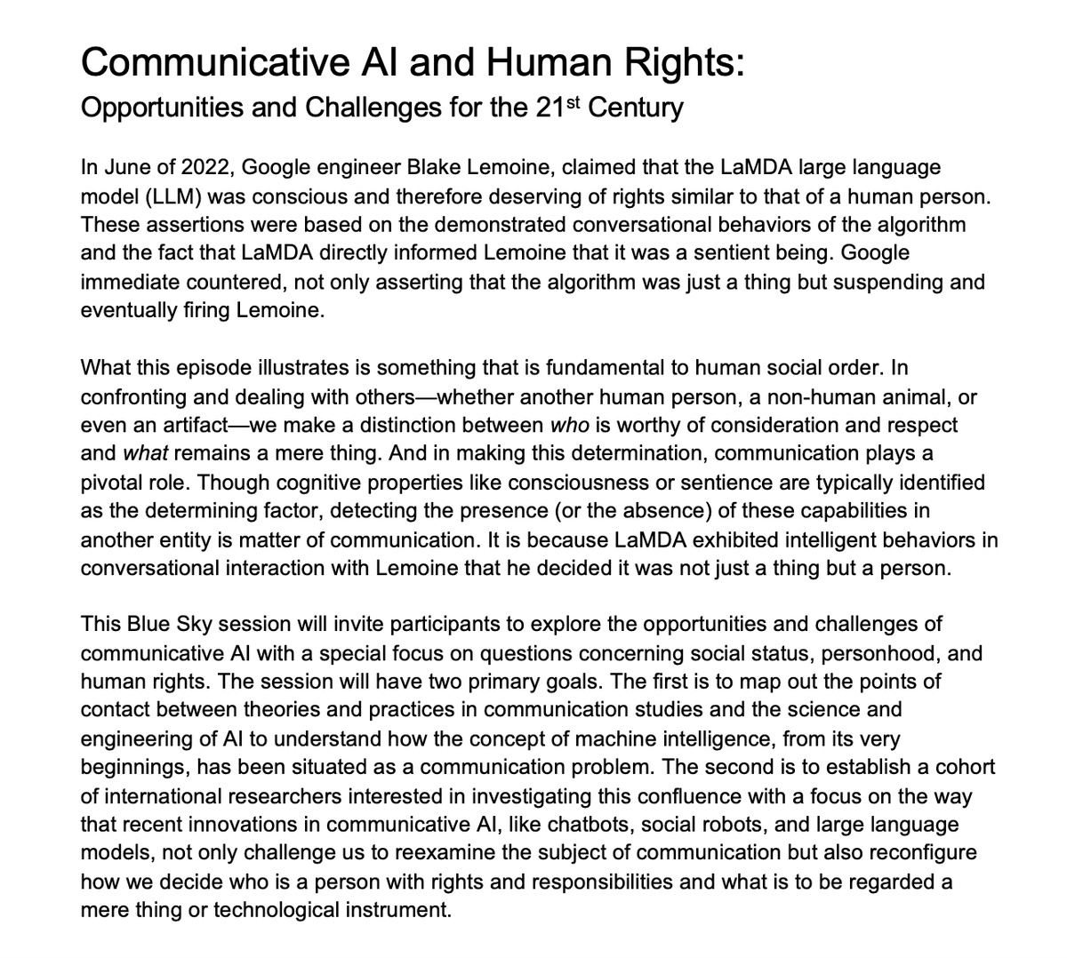 "Communicative AI and Human Rights"
<a href="/amperjay/">Jaime Banks</a> and I will be hosting a Blue Sky workshop at the <a href="/icahdq/">International Communication Association</a> conference - Gold Coast, Australia 22 June 2024. icahdq.org/mpage/ica24 
#AIethics #HMC #robotrights #AI