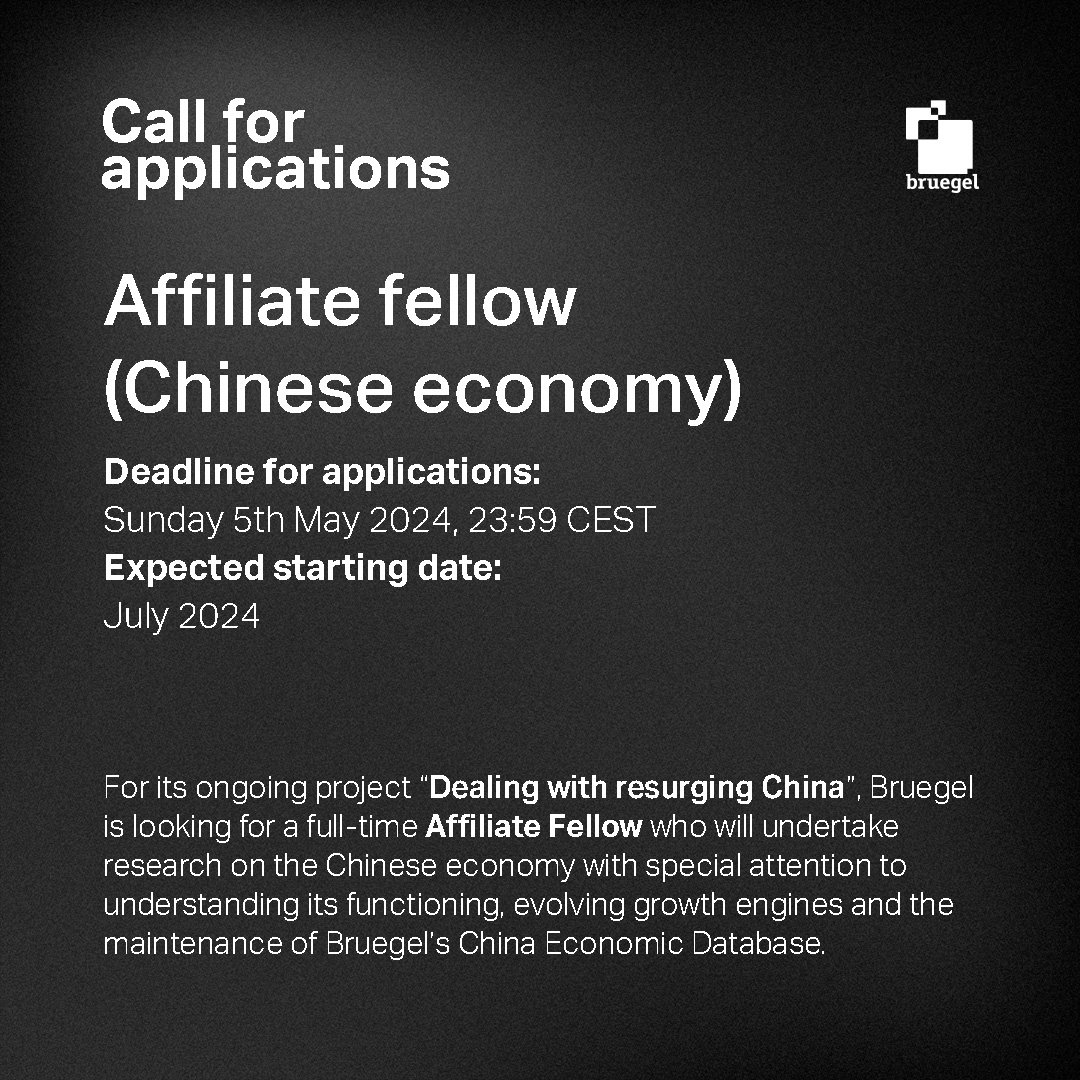 🇨🇳Are you interested in EU-China relations, the Chinese economy and you like working with data? Then apply to join Bruegel's #China research team as an Affiliate fellow to work on the Dealing with a resurgent China project (DWARC) More information here: bruegel.org/careers/affili…