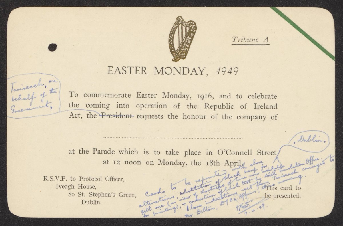 #OTD 75 years ago, the Republic of Ireland Act, 1948 came into effect and you can see this draft invitation to the ceremonies marking the anniversary of the 1916 Rising and the declaration of the republic in our new "Society &amp; State - Ireland Through Its Records" exhibition...1/2