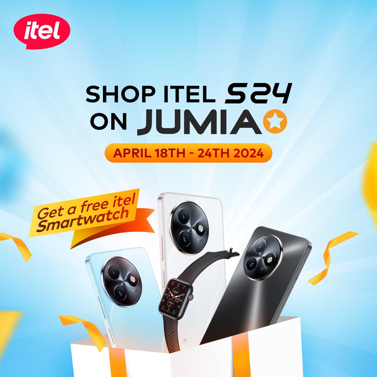 It's official. The itel S24 is now on Jumia! 💥 Visit the itel store on Jumia to purchase the @itelNigeria S24 in any variant of your choice and get an itel Smart Watch for FREE on every purchase! Shop Now: jumia.com.ng/itel-s24-6.6-4…