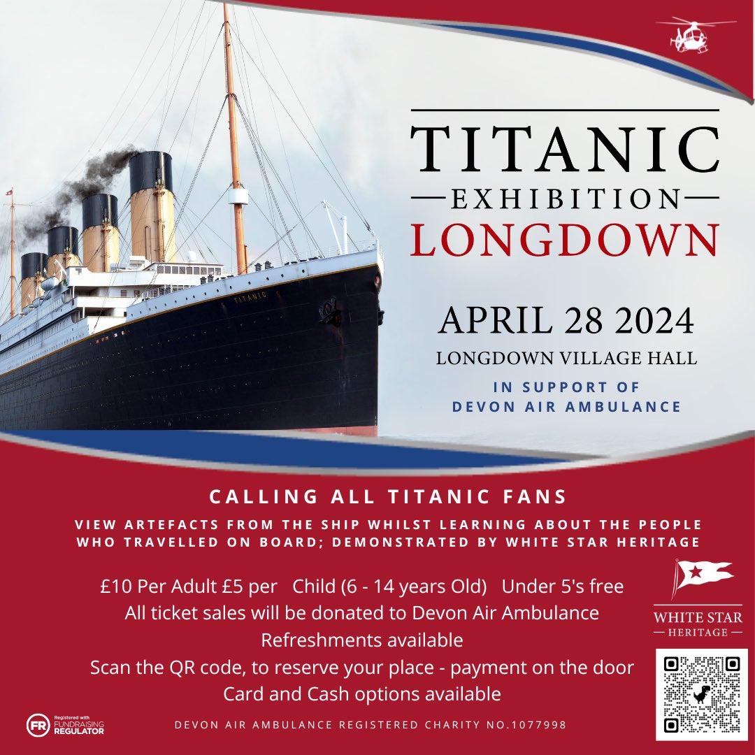 You’re invited to the Titanic Exhibition on Sunday 28th April, to raise funds for Devon Air Ambulance! View artefacts, learn about the passengers, and come face-to-face with items from the wreck site. For more information, head over to daat.org/Event/titanic-…
