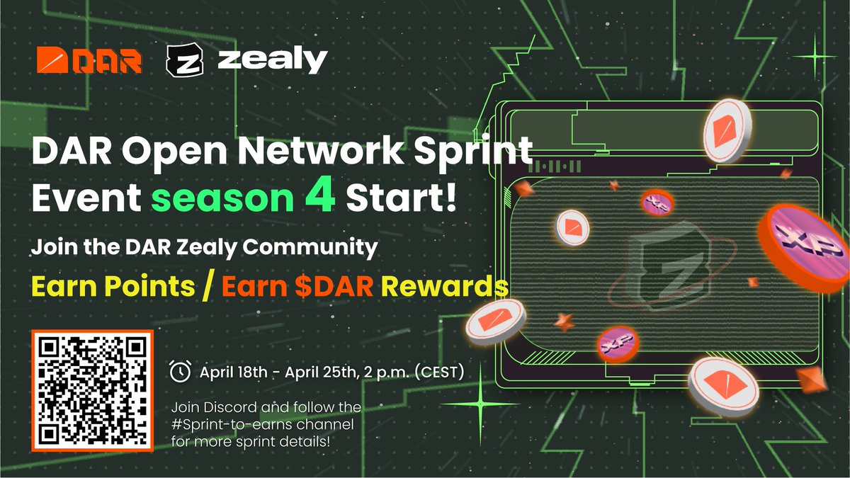 🔴 #DarOpenNetwork Sprint Event Season 4 Start! 🎁 Join the #DAR Zealy to start the points sprint zealy.io/cw/daropennetw… 💰 Earn $DAR Rewards Top 1: 150 $DAR Top 2-3: 100 $DAR Top 4-5: 70 $DAR Top…