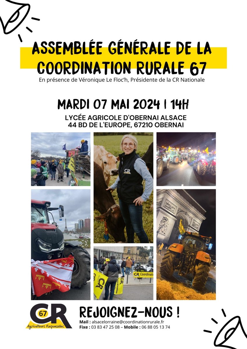 🟡⚫ SAVE THE DATE⚫🟡 La Coordination Rurale 67 organise son assemblée générale annuelle en présence de Véronique Le Floc'h, Présidente de la CR Nationale. Rendez-vous le 07 mai 2024 à l'amphithéâtre du Lycée agricole d'Obernai à partir de 14h.