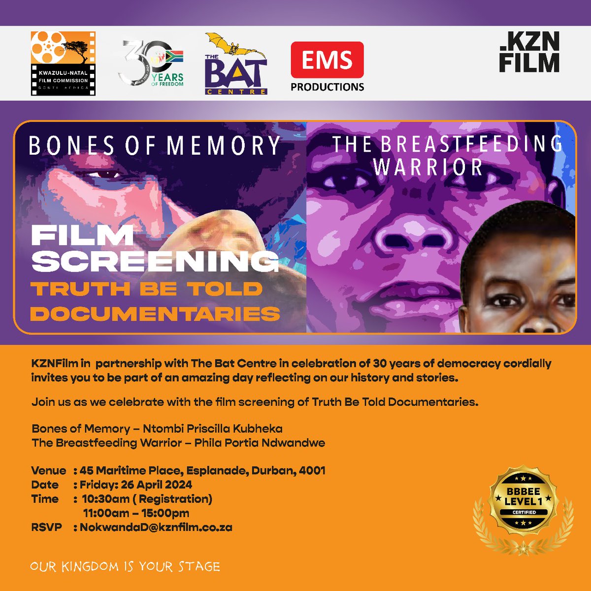 Dive into 30 years of democracy with KZN Film and BAT Centre! Join us for a day filled with reflection, history, and inspiring stories. 🌟 Documentaries: 🌺 Bones of Memory by Ntombi Priscilla Kubheka 🤱 The Breastfeeding Warrior by Phila Portia Ndwandwe #KZNFilm #30Years #KZN