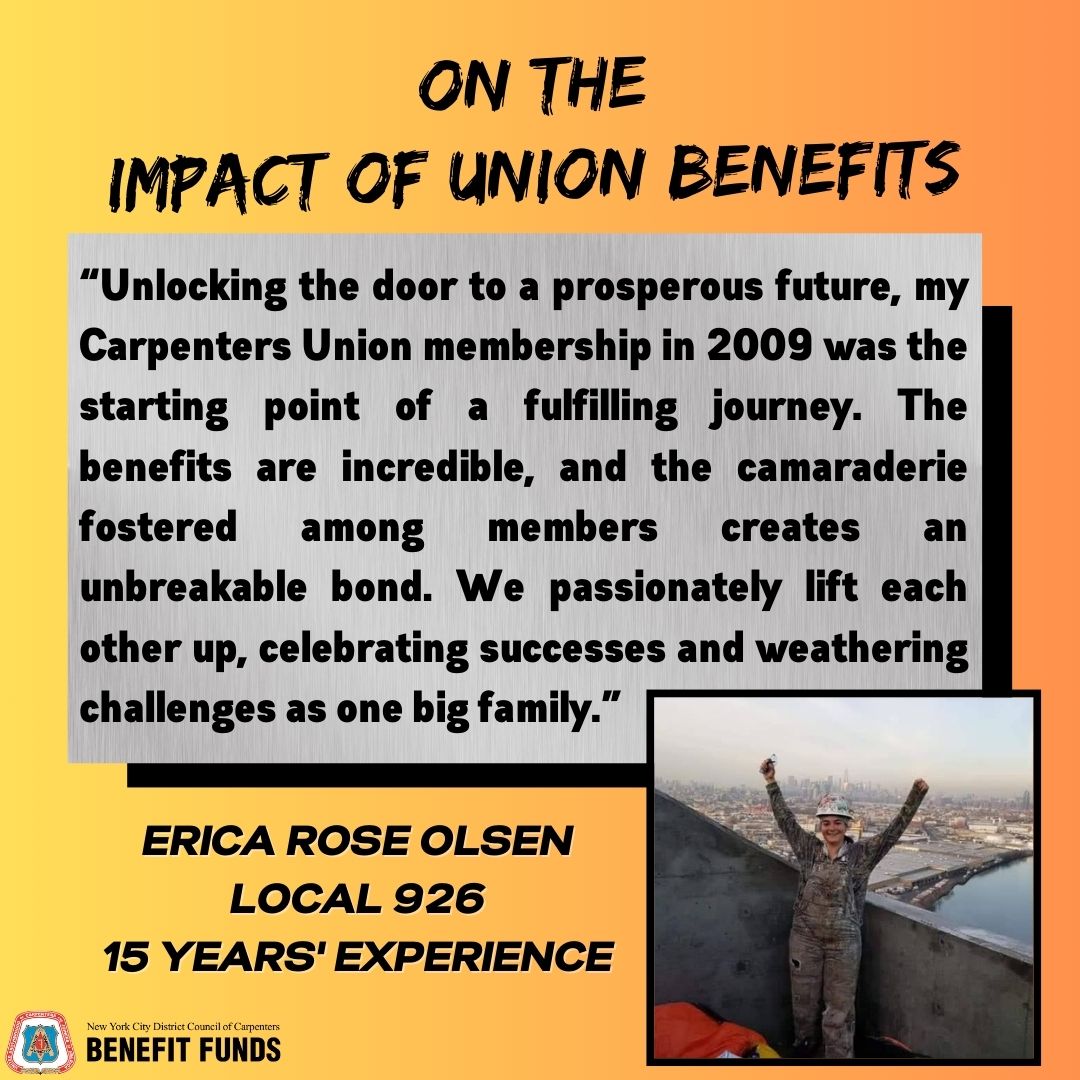 NYCDCCBF's tweet photo. Please give a big #NYCDCC greeting to our newest Member Spotlight: Local 926’s own Erica Rose Olsen! Erica is an active and engaged union member through and through. Take a look at the slides to learn more about her! 

#Benefits #BenefitFunds #UnionBenefits #UnionCarpenter https://t.co/JTQDvEeaVs