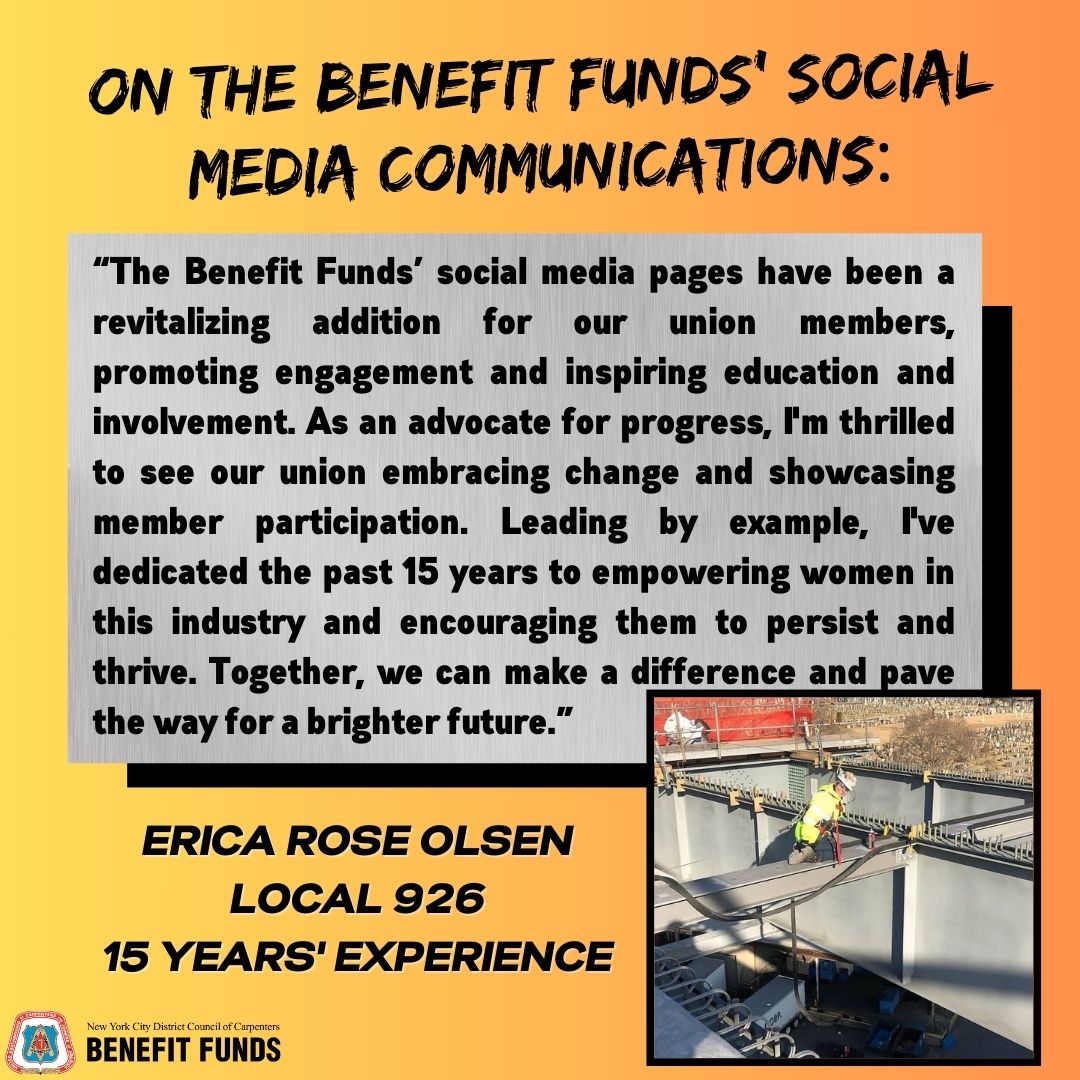 NYCDCCBF's tweet photo. Please give a big #NYCDCC greeting to our newest Member Spotlight: Local 926’s own Erica Rose Olsen! Erica is an active and engaged union member through and through. Take a look at the slides to learn more about her! 

#Benefits #BenefitFunds #UnionBenefits #UnionCarpenter https://t.co/JTQDvEeaVs