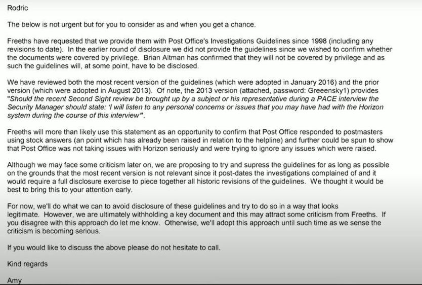chrish9070's tweet photo. #PostOfficeScandal A @PostOffice lawyer who is STILL employed by the organisation and is now working as head of legal for dispute resolution and brand, and also heads the unit for sub-postmasters’ appeals and compensation.  This is a complete disgrace.  The toxic culture is ingrained in this company and to change it every person involved in the scandal needs to be removed.

WBD (Womble Bond Dickinson) the lawyers acting for the Post Office at the time sent an email from Amy Prime to the current @PostOffInquiry witness Rodric Williams.  In the email, Prime said that, although the Post Office might face criticism later on, she proposed trying to supress the guidelines ‘for as long as possible’. She continued: ‘For now, we’ll do what we can to avoid disclosure of these guidelines and try to do so in a way that looks legitimate. However, we are ultimately withholding a key document and this may attract some criticism from Freeths who were the claimant lawyers at the time. If you disagree with this approach do let me know.’

Williams, who is now a head of legal at the Post Office and responsible for deciding on compensation issues, was regularly consulted by the organisation’s public relations team in 2014 and 2015 as more questions started to be asked about Horizon and the reliability of convictions.

He told the Post Office PR head that ‘this is getting ridiculous’ after journalist @nickwallis asked for evidence that the system was trustworthy. He wrote a further internal email saying: ‘We don’t need to do research on Horizon. It is the system we provide to [sub-postmasters] and require them to use. If [they] don’t they can choose not to provide services for us. We are not required to bespoke our accounting system to the whims of each individual.’ He described the growing media interest in the scandal as ‘puerile’.

After former sub-postmaster Tim McCormack @Jusmasel2015 raised questions criticising Horizon, Williams emailed Post Office executive Angela Van Den Bogerd: ‘This guy is a bluffer who keeps expecting us to march to his tune.’

Full article here by @JohnHyde1982 for @lawsocgazette here👇https://t.co/qtc1O1ZxlJ

#MrBatesVsThePostOffice #MrBates #MrBatesVsPostOffice #MrBatesPBS #PostOfficeInquiry