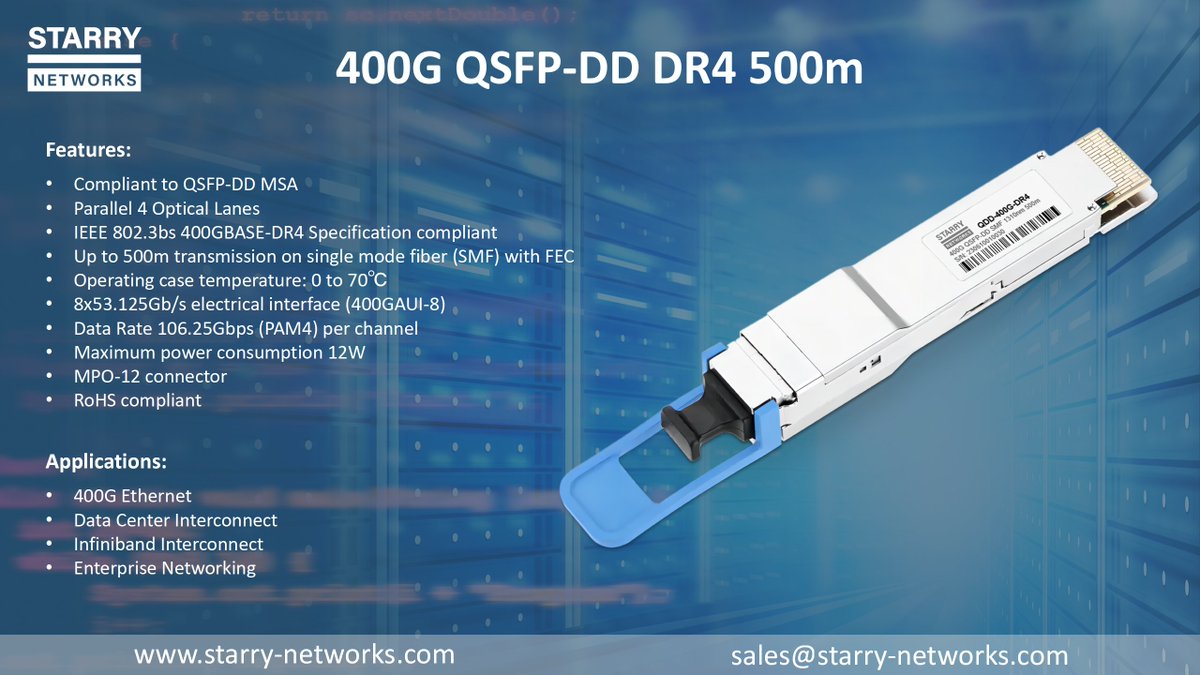 StarryNetworks's tweet image. 🚀 Exciting news! Introducing our 400G QSFP-DD DR4 optics! 🌟 Perfect for high-speed data transmission up to 500m. Upgrade your network infrastructure with ease! 💻 #Networking #Innovation #400G #DataTransmission 🚀