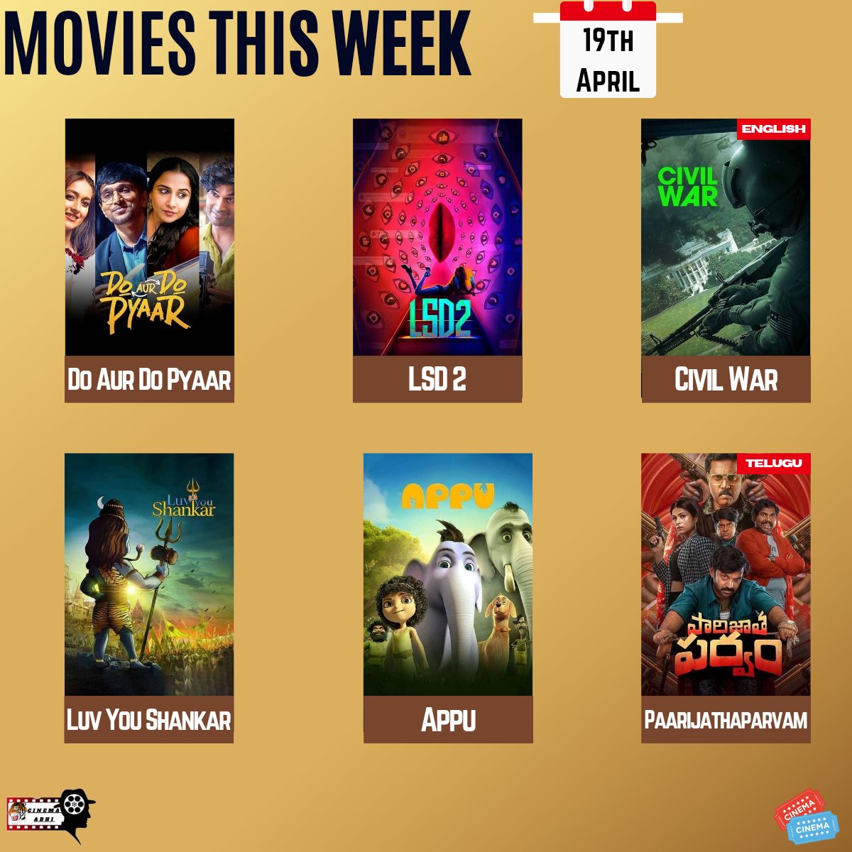 This Week Big theatre releases 🤩 Hindi Films 1] #DoAurDoPyaar - ft. #PratikGandhi #VidyaBalan #ileanadcruz 2] #LSD2 English Film 3] #CivilWar Telugu Film 4] #Paarijathaparvam Also 5] #LuvYouShankar ft. #ShreyasTalpade 6] #Appu