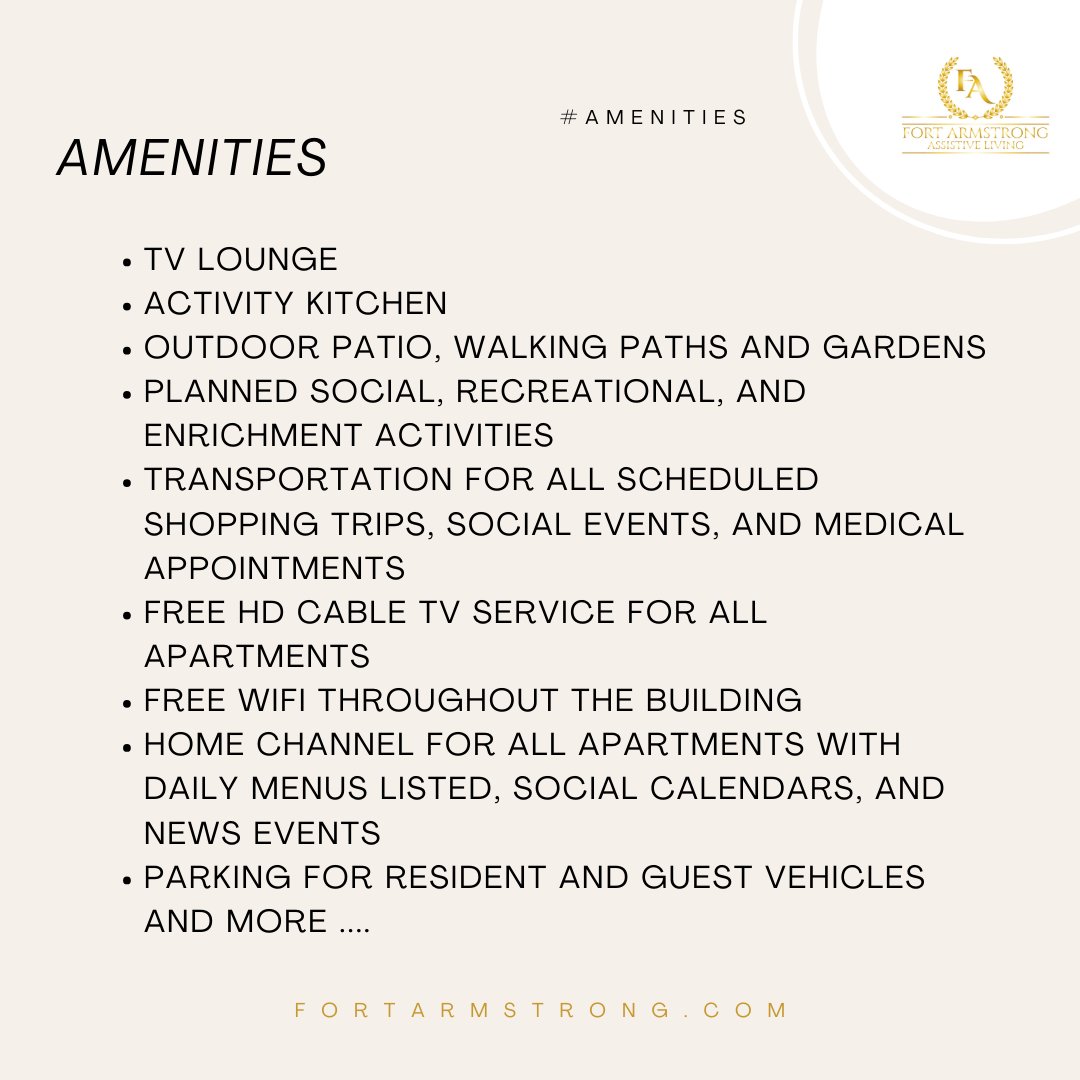 Live your best life at Fort Armstrong with our top-notch amenities included in your rent! 🏡💫 #AssistiveLiving #ComfortableLiving #AmenitiesGallore