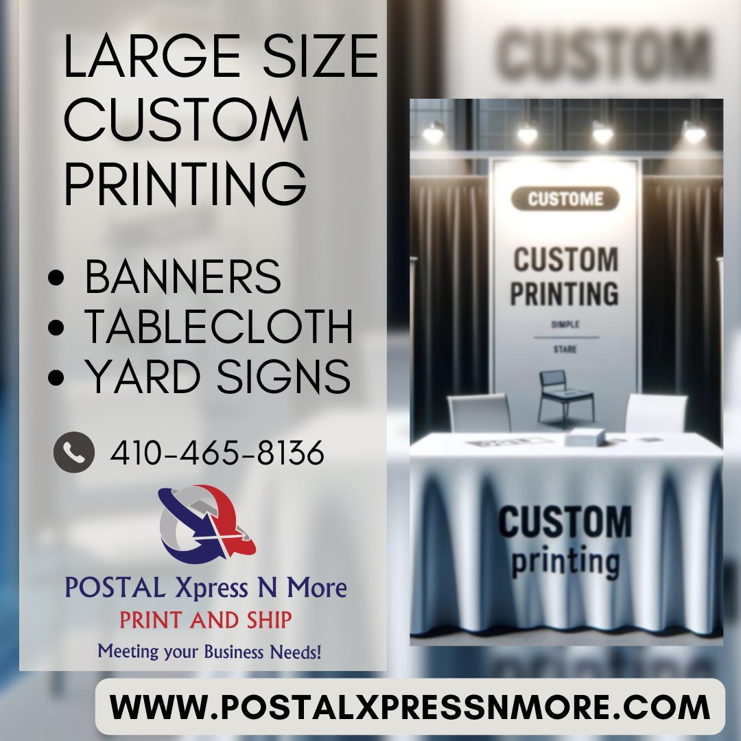 Elevate your brand with Postal Xpress N More's custom large-size printing! 🖨️✨ Banners, tablecloths, yard signs, and more. Quick service, unforgettable quality.

📞 410-465-8136
💻 postalxpressnmore.com

#CustomPrinting #BusinessBranding #Marketing #PrintWithUs