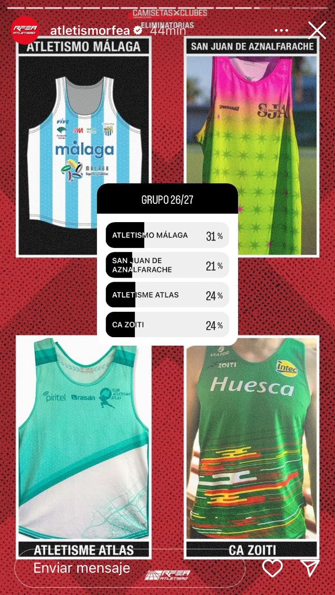 Estamos participando en un concurso de camisetas realizado por la RFEA. Nos puedes ayudar votando por la camiseta de la zoiti (la verde, abajo a la derecha) en el siguiente link:

instagram.com/stories/atleti…