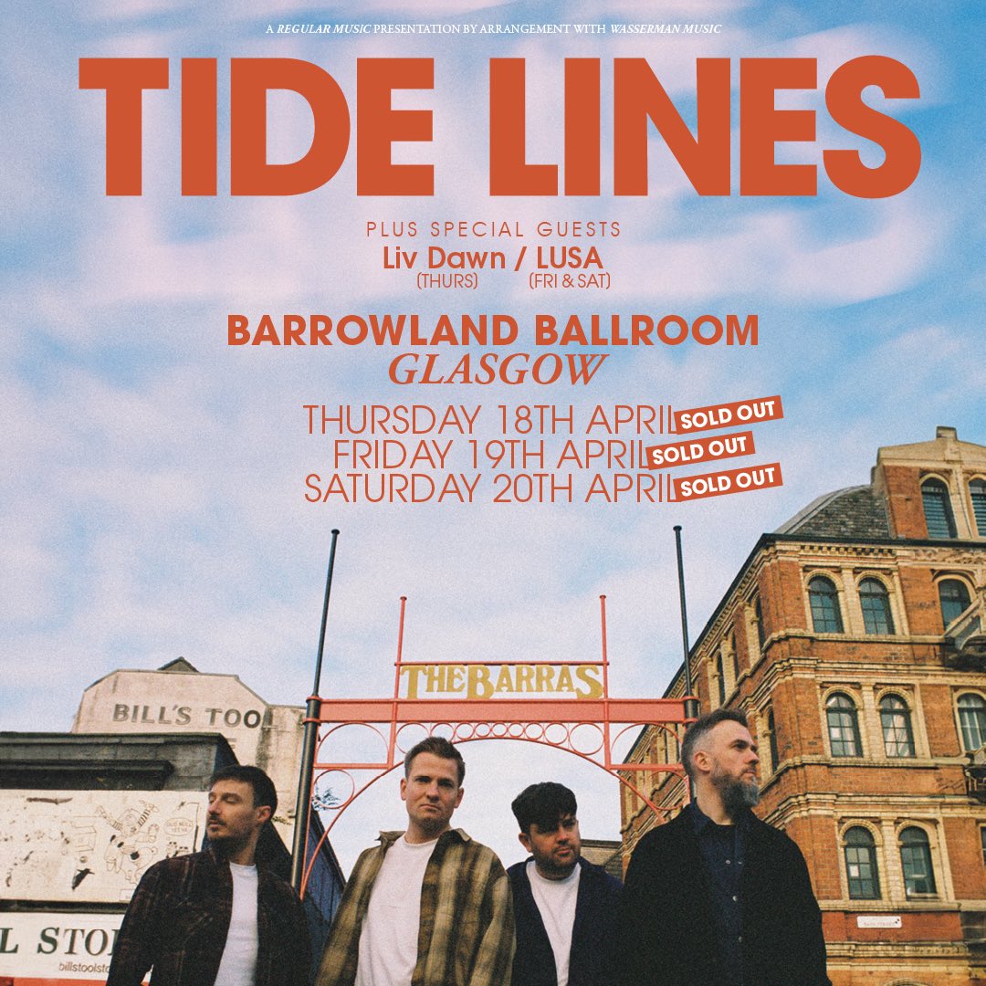 Sadly due to illness Ferris and Sylvester can no longer open the Tide lines show on Friday at @TheBarrowlands. Thankfully LUSA will now play both Friday and Saturday, with @livdawnofficial opening on Thursday. Timings for all 3 gigs Doors- 7pm Support- 8pm @wearetidelines - 9pm