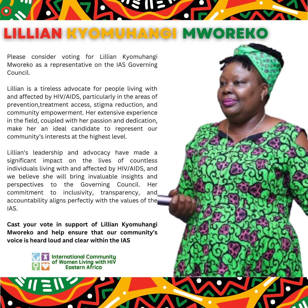 ICWEA (@icweastafrica) on Twitter photo #ICYMI ⬇️
Are you a member of the IAS?
Vote for <a href="/lmworeko/">Lillian Mworeko</a>: Your voice on the IAS governance council!
Learn about her: ➡️ tinyurl.com/r74nvrfn
Your vote could make a significant difference in advancing our collective efforts to end AIDS by 2030 as a public health threat. #ICYMI ⬇️
Are you a member of the IAS?
Vote for <a href="/lmworeko/">Lillian Mworeko</a>: Your voice on the IAS governance council!
Learn about her: ➡️ tinyurl.com/r74nvrfn
Your vote could make a significant difference in advancing our collective efforts to end AIDS by 2030 as a public health threat.