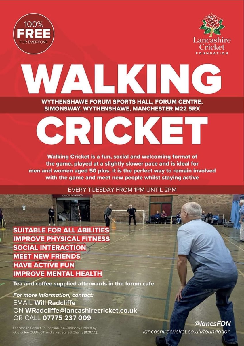 Are you interested in trying #walking #cricket, suitable for all abilities cpme along to Wythenshawe Forum Sports Hall Every Tuesday from 1pm to 2pm with @lancsFDN #mentalhealth #interactions #fitness 100% FREE
