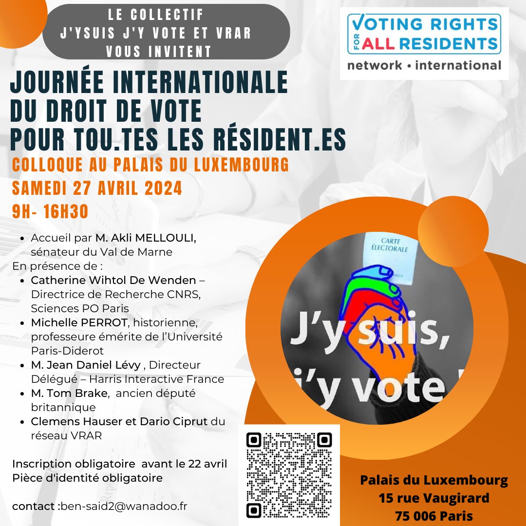 Nous soutenons le colloque qu'organise @jysuisjyvote le 27/04 au palais du Luxembourg. Soyons nombreux à échanger sur le droit de vote aux élections locales pour tou.tes les résident.es en France.