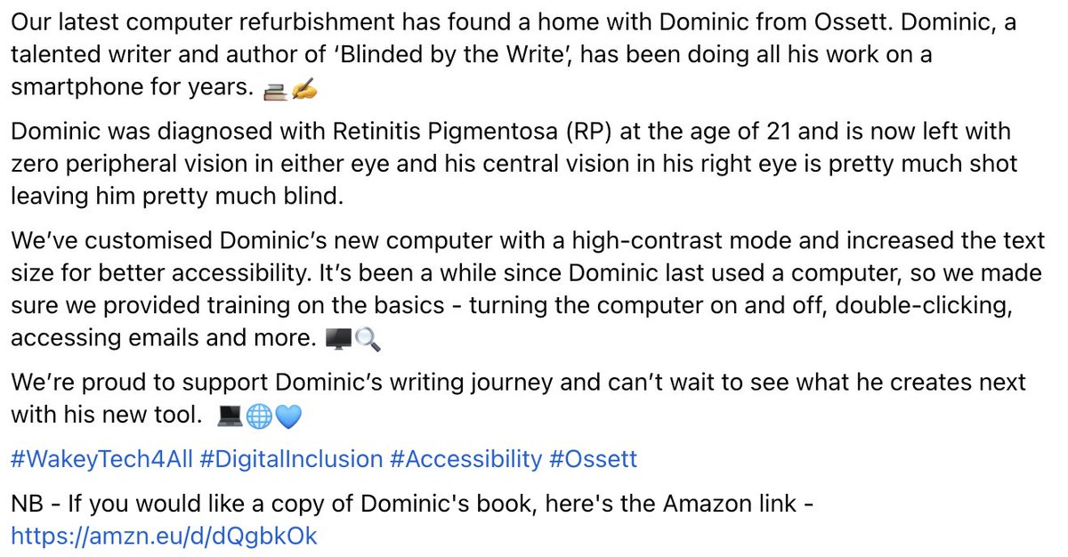 Our latest computer refurbishment has found a home with Dominic from Ossett who is severely visually impaired.

#WakeyTech4All #DigitalInclusion #Accessibility