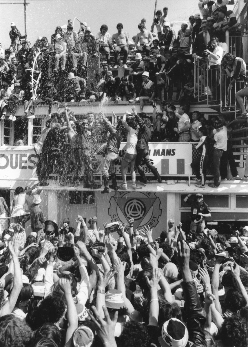 #TBT Podium fan engagement is nothing new😅 Le Mans 24 hours 1984, 40 years ago this weekend 🤯 The first big result for Team Bike (Howard Lees, Vesa Kultalahti & me) 😎 We finished 2nd behind the Roadrunner Suzuki of Henk van der Mark (Michael's dad) & Dirk Brand. Third was the…