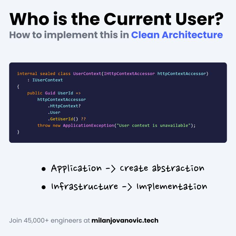 How do you get the current user in a Clean Architecture use case? Remember, you can't break the dependency rule to implement this. Use cases live in the Application layer, where you can't introduce external concerns. Let's say you want to know who the current user is to…